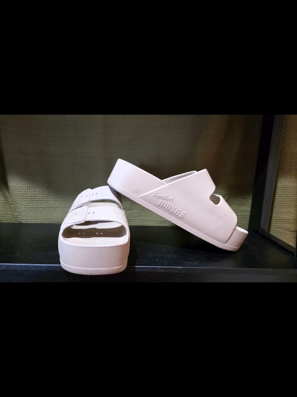 Platform Slide Sandals with Dual Buckle Straps in Cream